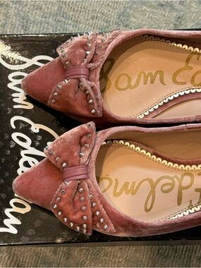 Sam Edelman Rose Pink Velvet Pointed Bow Flats with Studs